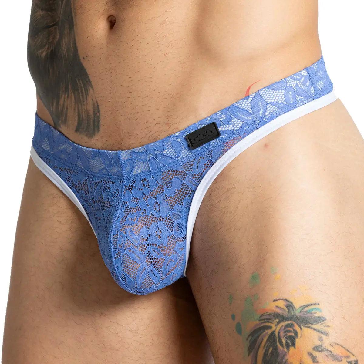 PARADISE BLUE GSTRING - Tanga de encaje azul sexy para hombres con copa que permite realce