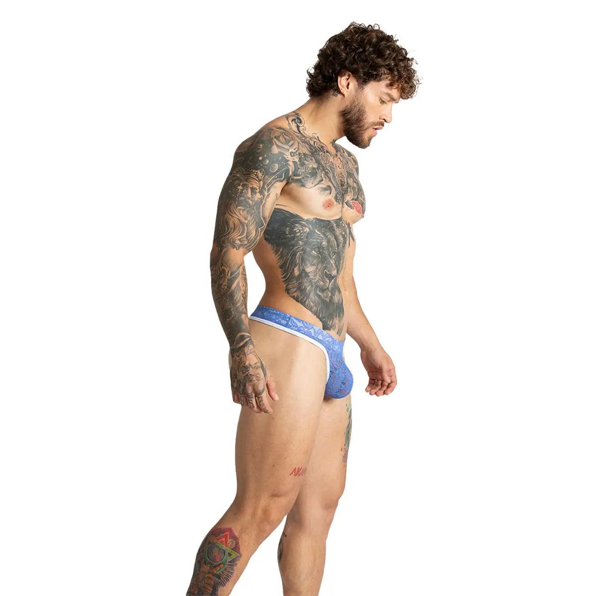 PARADISE BLUE GSTRING - Tanga de encaje azul sexy para hombres con copa que permite realce