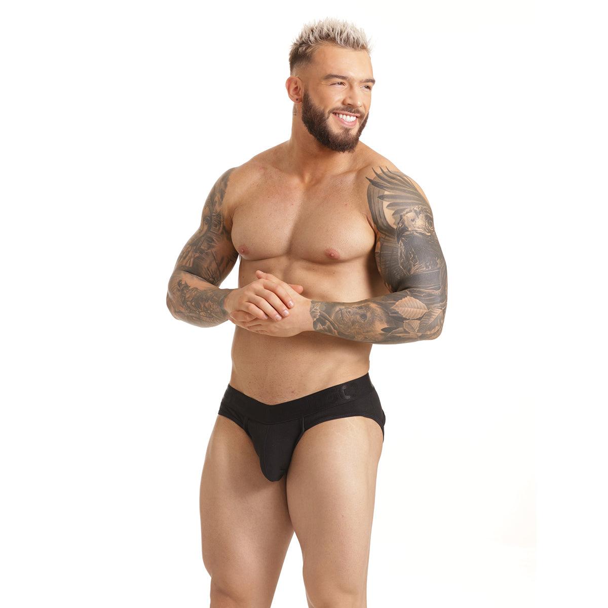 SCANALING BLACK BRIEF JOCKSTRAP - Ropa interior negra para hombres, jockstrap sexy para hombres
