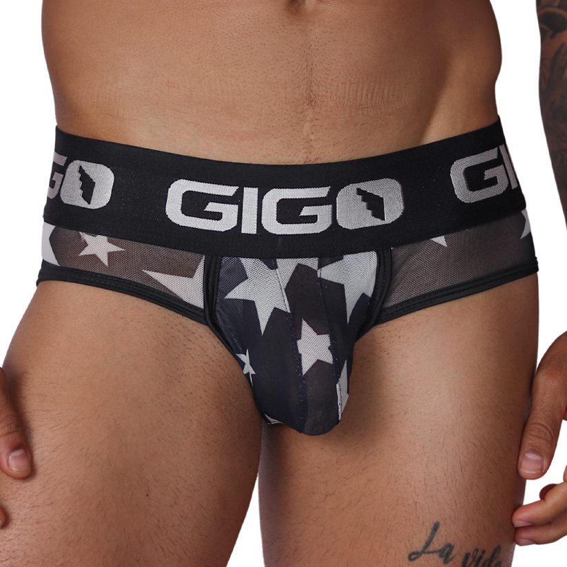 Star White Brief de Gigo con estrellas claras y pretina negra con logotipo