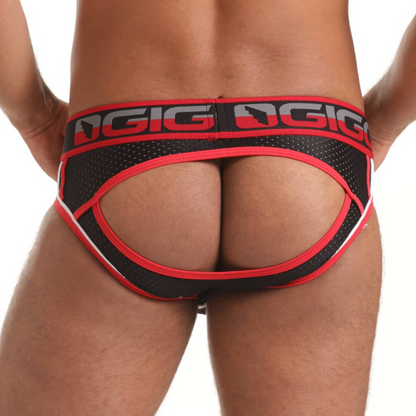 Versatil Red Brief Jockstrap vista posterior de Gigo Underwear
